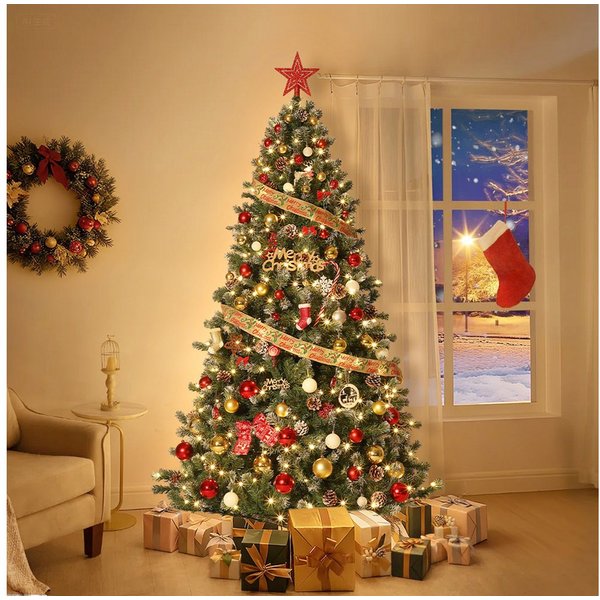 GarveeMore Künstlicher Weihnachtsbaum mit LED-Lichtern & Zapfendekor, naturgetreue Optik, 137/183/229/274 cm, für Wohnzimmer, Büro, Schaufenster
