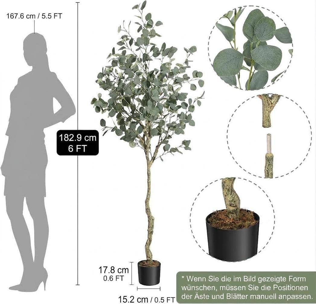 Kunstbaum Eukalyptusbaum,moderne große Kunstpflanze im Topf,183cm, GarveeMore, Höhe 180 cm, für drinnen und draußen,Heimbüro,ideale Haushaltswaren – Bild 2 von 5