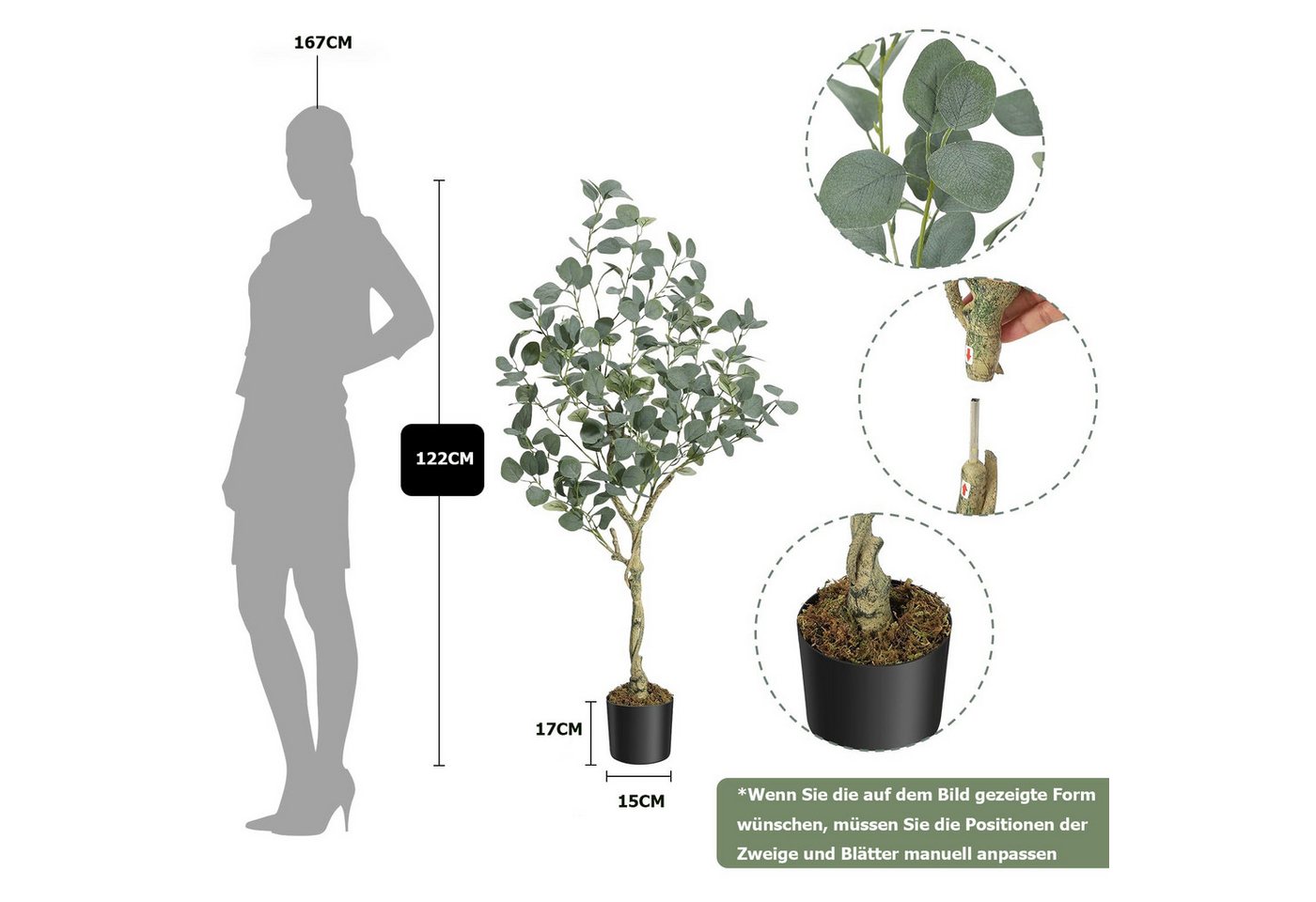 Kunstbaum Künstlicher Eukalyptus Kunstbaum Künstliche Pflanzen 122/152/180cm Olive, GarveeMore, Höhe 122 cm – Bild 2 von 5