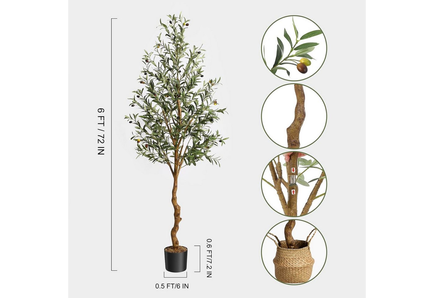 Kunstbaum Künstlicher Olivenbaum,mit mit Korb,Seidenblätter für die Dekoration, GarveeMore, Höhe 183 cm, Kunstseidenpflanze,gestalteter Kunstholzstamm und reali – Bild 2 von 5