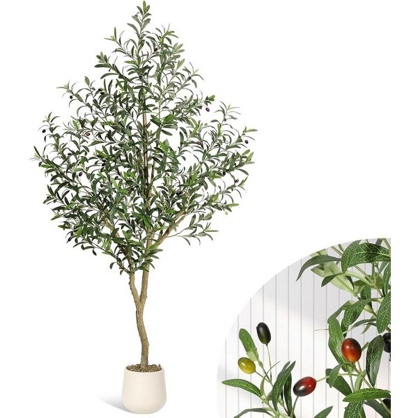 Kunstbaum Künstlicher Olivenbaum,weißer Anzuchttopf, GarveeMore, Höhe 183 cm, Kunstseidenpflanze,gestalteter Kunstholzstamm und realistische Früchte