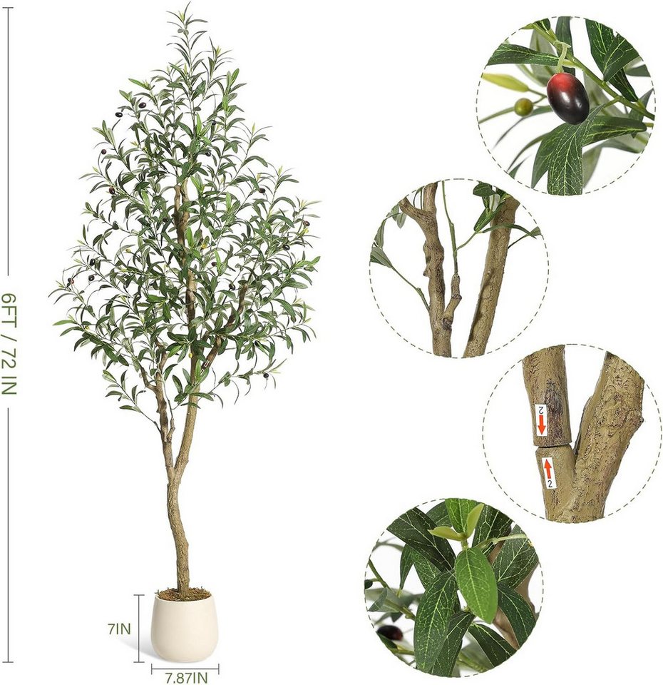 Kunstbaum Künstlicher Olivenbaum,weißer Anzuchttopf, GarveeMore, Höhe 183 cm, Kunstseidenpflanze,gestalteter Kunstholzstamm und realistische Früchte – Bild 2 von 5