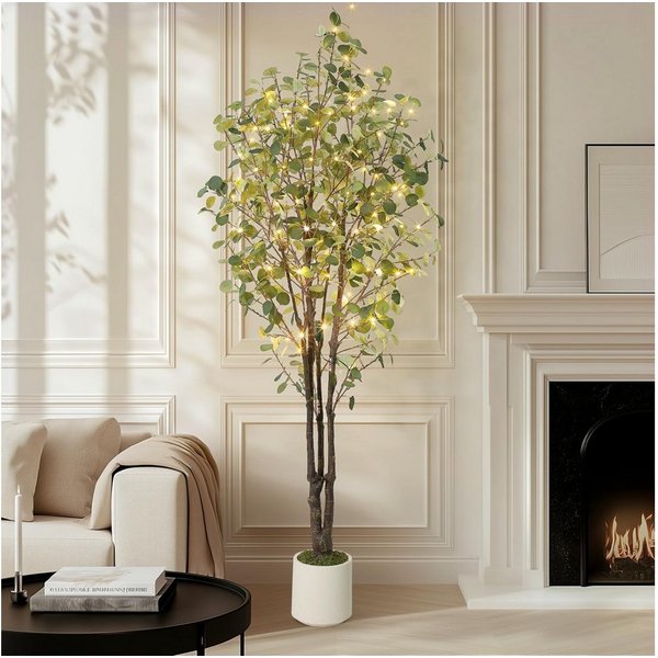 Kunstbaum mit LED Lichtern & Fernbedienung, 8 Lichtmodi Eukalyptusbaum, GarveeMore, Höhe 210 cm, im Topf, für Innen und Außen