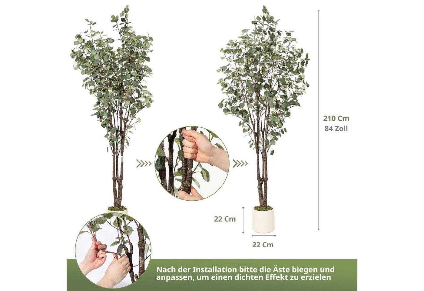 Kunstbaum mit LED Lichtern & Fernbedienung, 8 Lichtmodi Eukalyptusbaum, GarveeMore, Höhe 210 cm, im Topf, für Innen und Außen – Bild 4 von 5