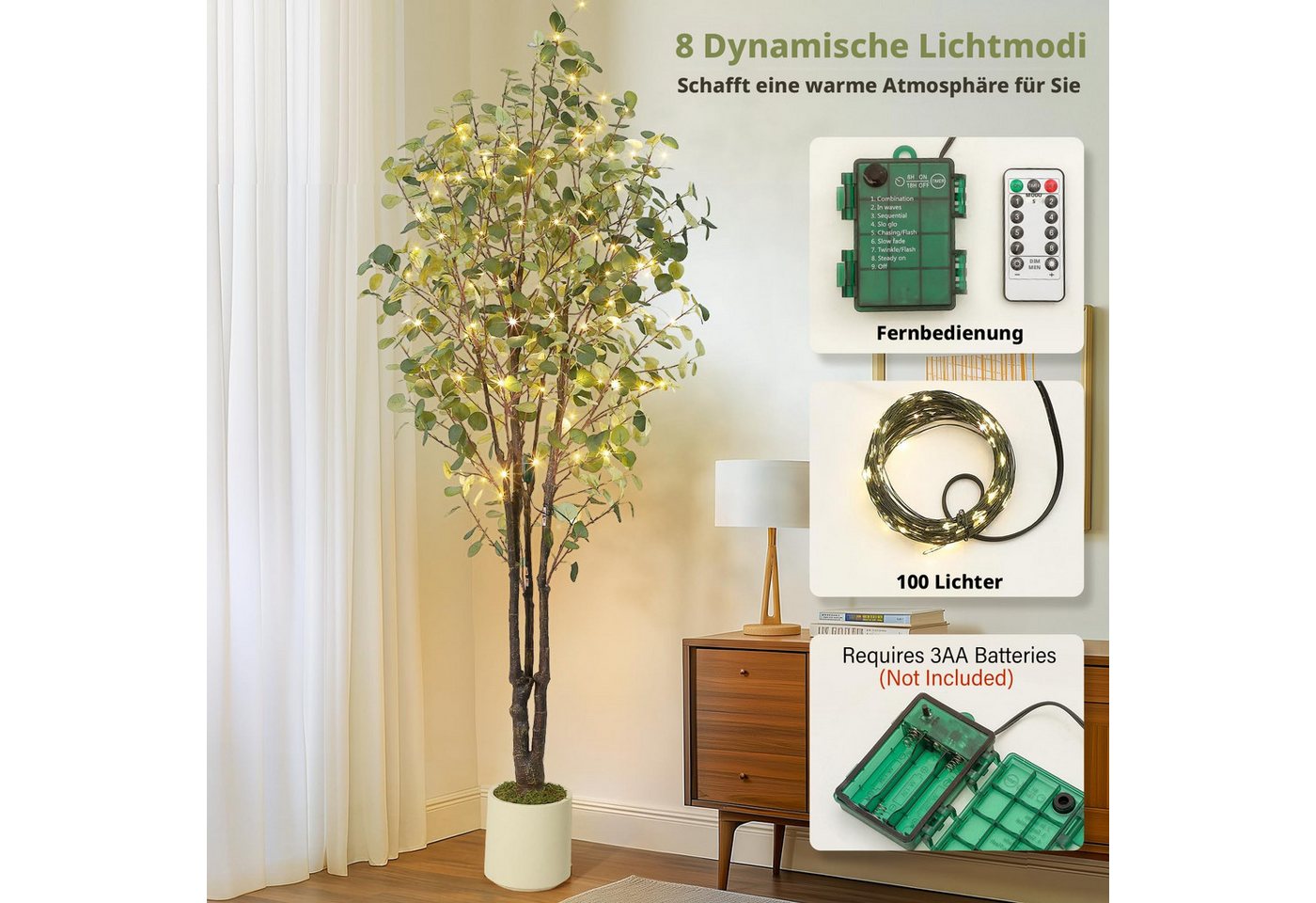 Kunstbaum mit LED Lichtern & Fernbedienung, 8 Lichtmodi Eukalyptusbaum, GarveeMore, Höhe 210 cm, im Topf, für Innen und Außen – Bild 5 von 5