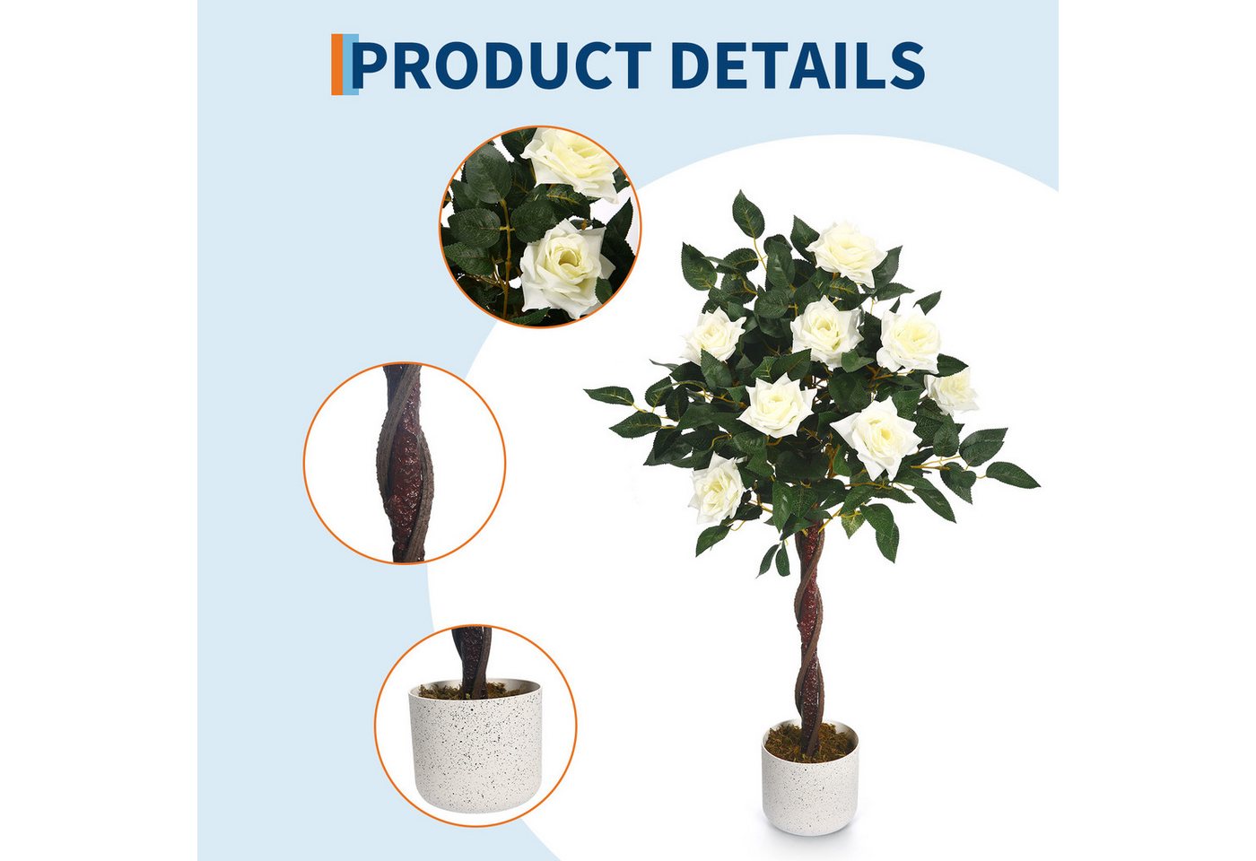 Kunstblume Künstliche, Kunstpflanze Rosenbaum Deko, Rosenpflanzen im Topf, GarveeMore, Höhe 90 cm, Groß 90cm/80cm/120cm Kunstbaum für Hochzeitstisch, Wohnzimmer – Bild 2 von 5