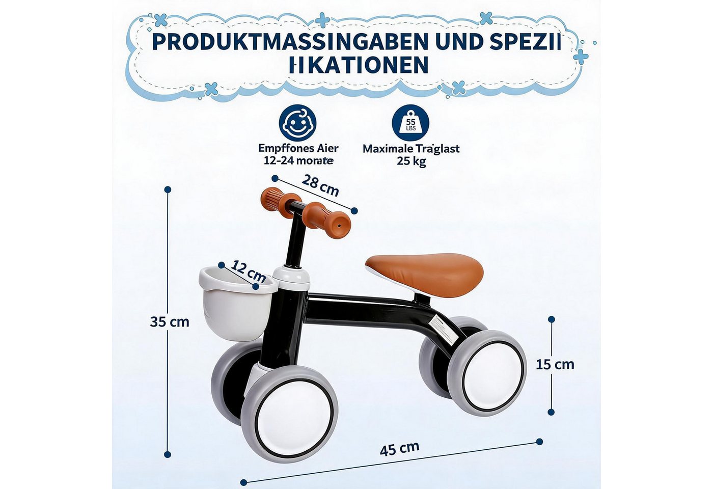 GarveeMore Laufrad 4-Rad mit Korb, für Kinder ab 1 Jahr, rutschfest & leicht, bis 25 kg – Bild 2 von 5