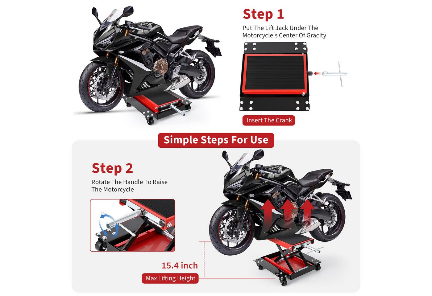 GarveeMore Motorradheber, max. Hubhöhe: 39 cm, 1-tlg., mit Rollwagen und Handkurbel, bis 500 kg – Bild 3 von 5