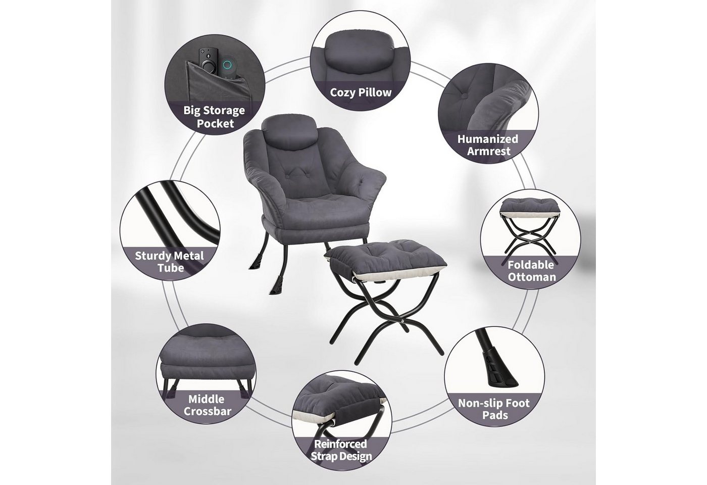 GarveeMore Ohrensessel mit klappbarem FußHocker,bequeme Lounge-Sessel, Relaxsessel für kleine Wohnungen,Wohnzimmer und Schlafzimmer – Bild 3 von 5