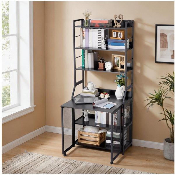 GarveeMore Regal-Schreibtisch 2-in-1, Kippschutz, Schranktür mit Rollen, 10 kg Traglast pro Ebene, aus Metall & Spanplatte, 180 x 60 x 25 cm, schwarz/weiß/braun