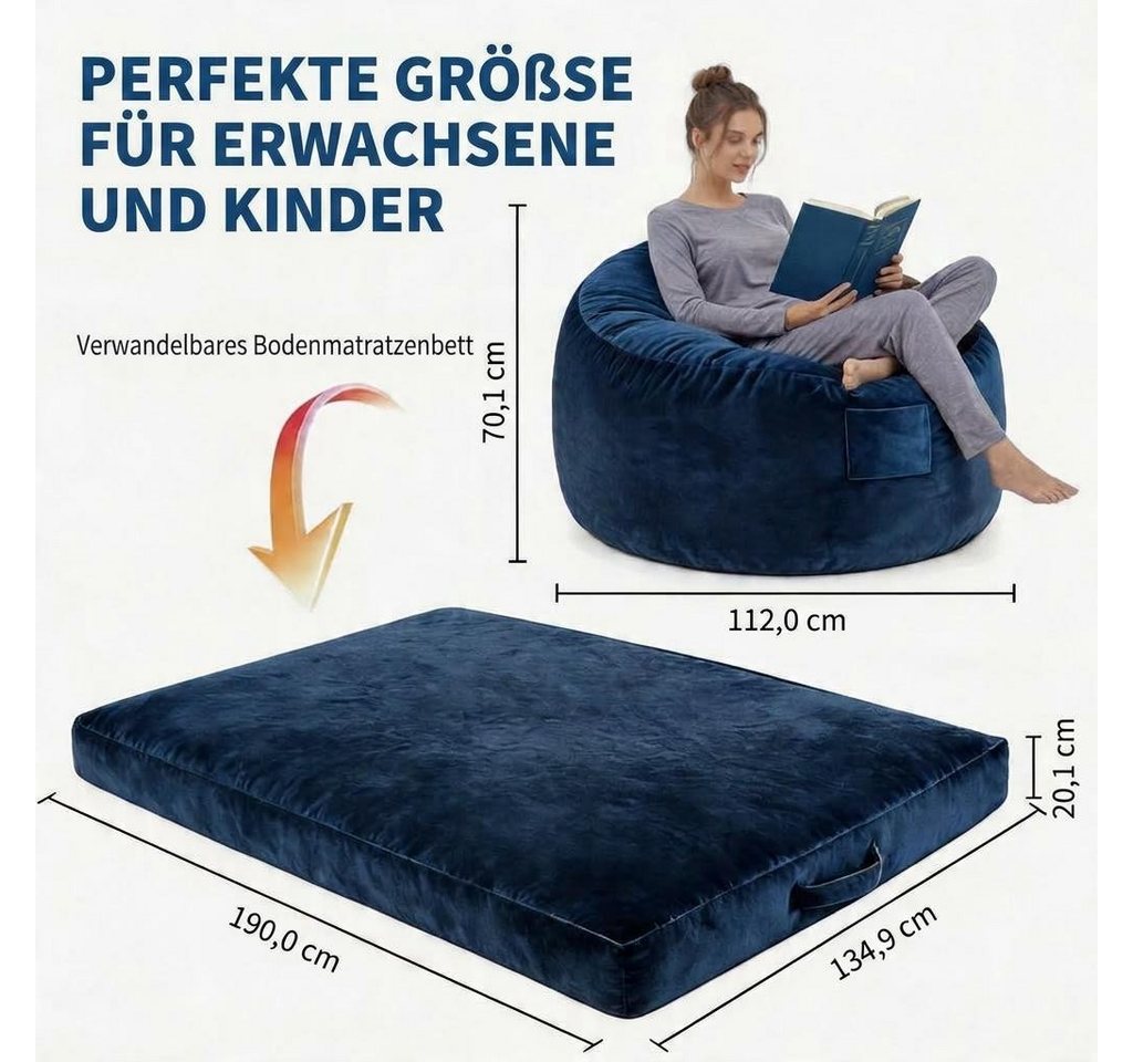 GarveeMore Relaxsessel 3-in-1 Sitzsack Bett mit Memory-Schaum, waschbar, rutschfest, multifunktional für Wohnzimmer & Jugendzimmer, Sitzsack Bett – Bild 2 von 5