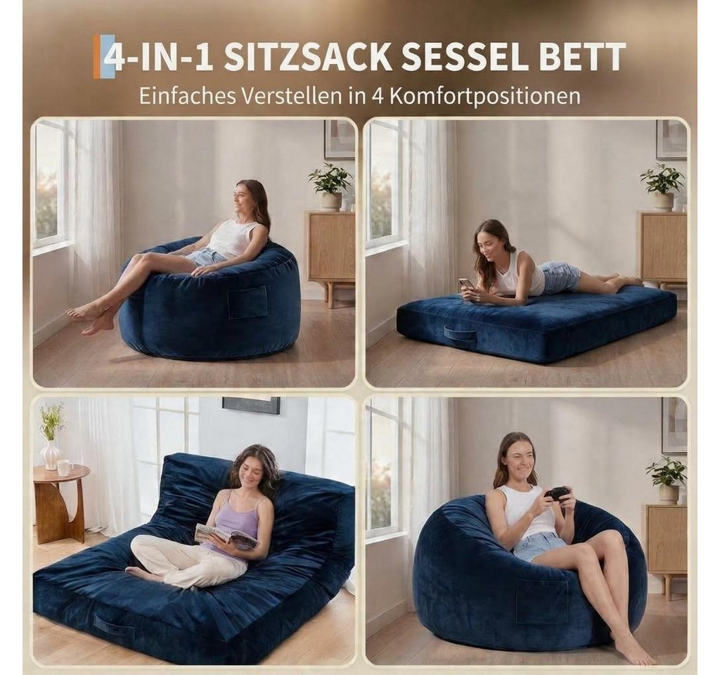 GarveeMore Relaxsessel 3-in-1 Sitzsack Bett mit Memory-Schaum, waschbar, rutschfest, multifunktional für Wohnzimmer & Jugendzimmer, Sitzsack Bett – Bild 3 von 5