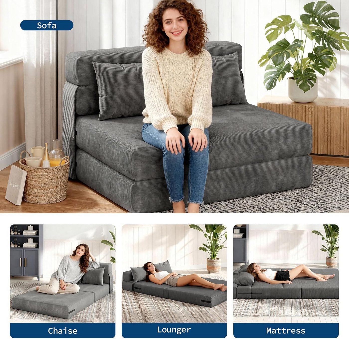 GarveeMore Schlafsofa mit Kissen,ausklappbares Zweisitzer-Sofa,umwandelbarer Schlafplatz, Lounge mit getuftetem für Wohnzimmer,Schlafzimmer,Gästezimmer – Bild 4 von 5