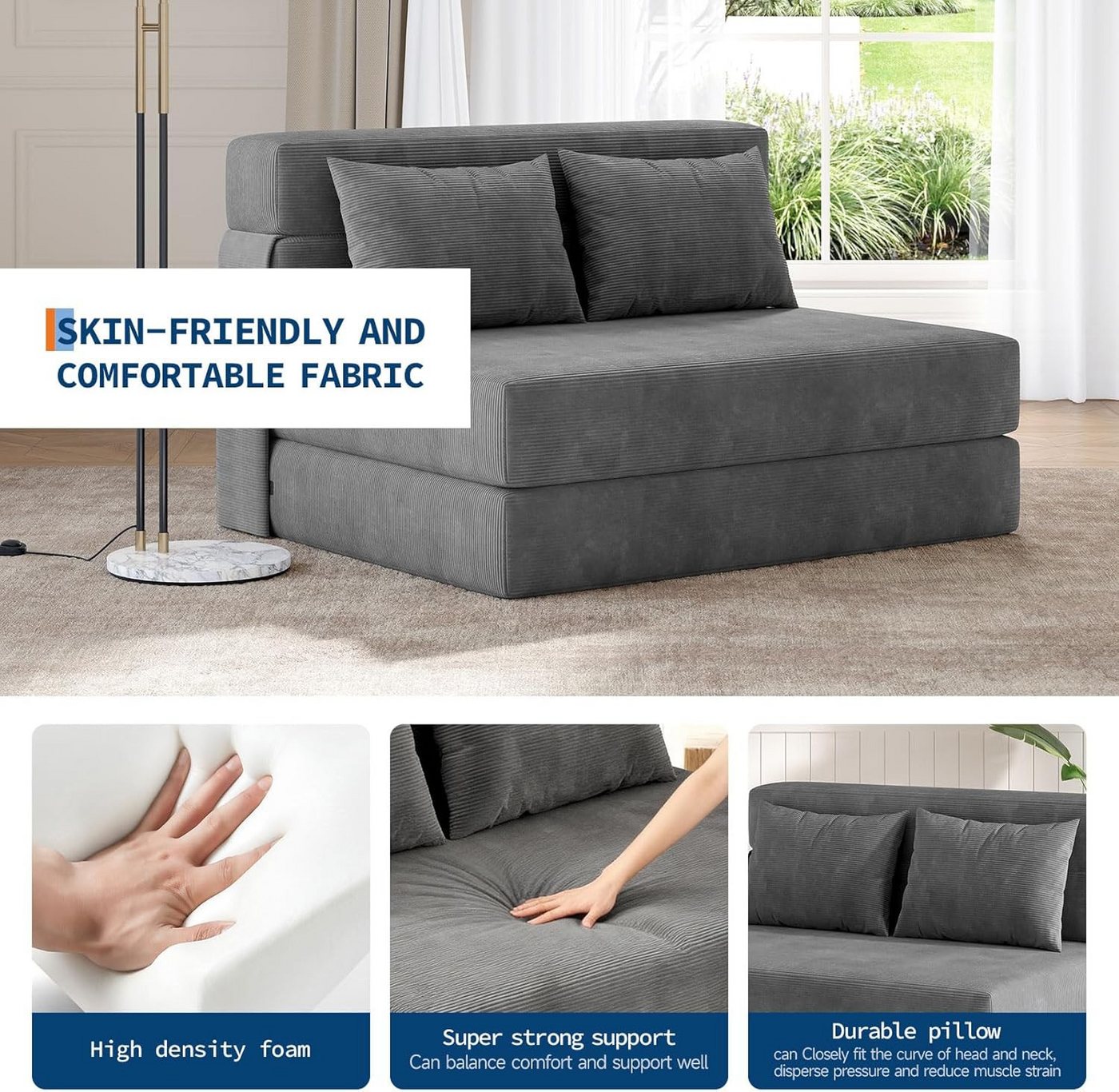 GarveeMore Schlafsofa mit Kissen,ausklappbares Zweisitzer-Sofa,umwandelbarer Schlafplatz, Lounge mit getuftetem für Wohnzimmer,Schlafzimmer,Gästezimmer – Bild 5 von 5