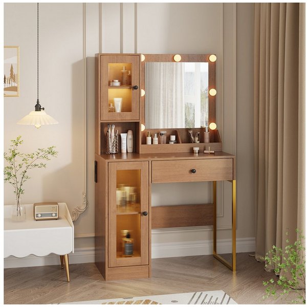 GarveeMore Schminktisch mit kratzfestem Spiegel, 3-farbiges LED Licht & stufenlose Dimmung (Weiß/Braun), 1 Schublade & 2 Schränke mit Glastüren & 3 offene Fäche