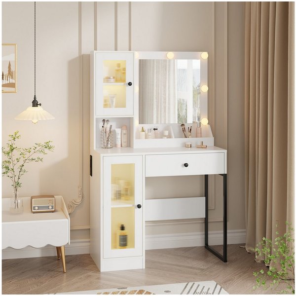 GarveeMore Schminktisch mit kratzfestem Spiegel, 3-farbiges LED Licht & stufenlose Dimmung (Weiß/Braun), 1 Schublade & 2 Schränke mit Glastüren & 3 offene Fäche