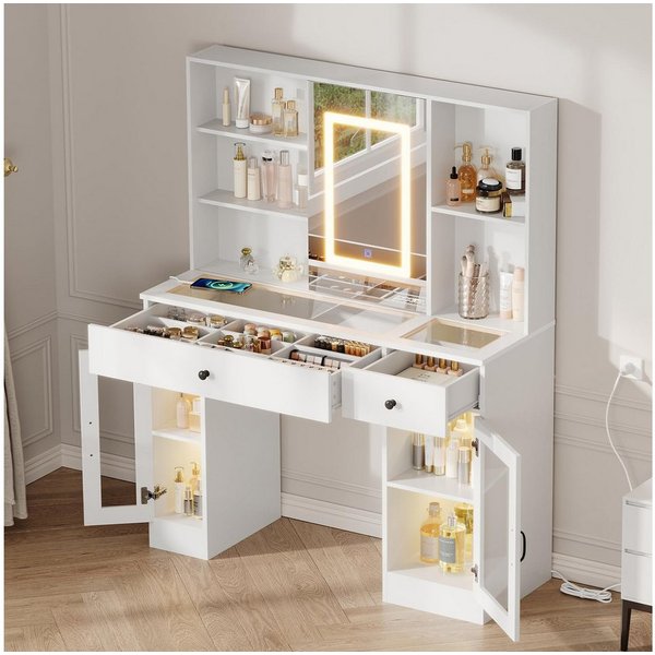 GarveeMore Schminktisch mit Schiebespiegel & Glasplatte & Glastürchen, 3-farbiges LED Licht (Weiß/Braun, integrierte Steckdosenleiste), 5 offene Fächer & 2 Schu