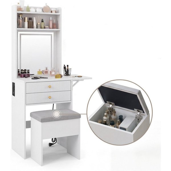 GarveeMore Schminktisch mit Spiegel und Hocker, LED-Beleuchtung, einstellbare Helligkeit (2-St), (BxTxH) 50x45x153 cm, 1 offene Fächer und 2 Schubladen