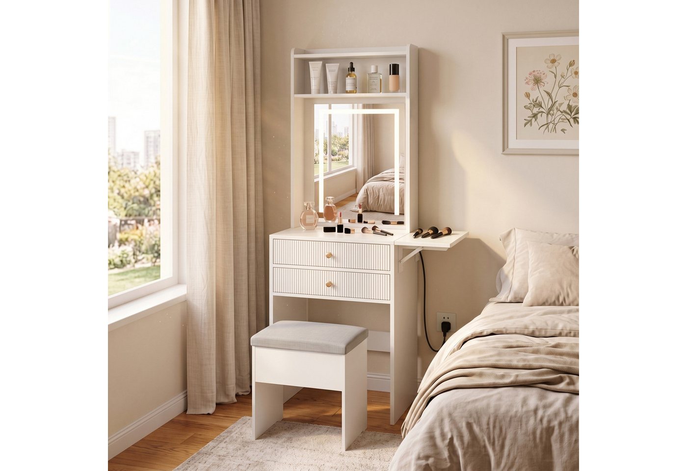 GarveeMore Schminktisch mit Spiegel und Hocker, LED-Beleuchtung, einstellbare Helligkeit (2-St), (BxTxH) 50x45x153 cm, 1 offene Fächer und 2 Schubladen – Bild 2 von 5