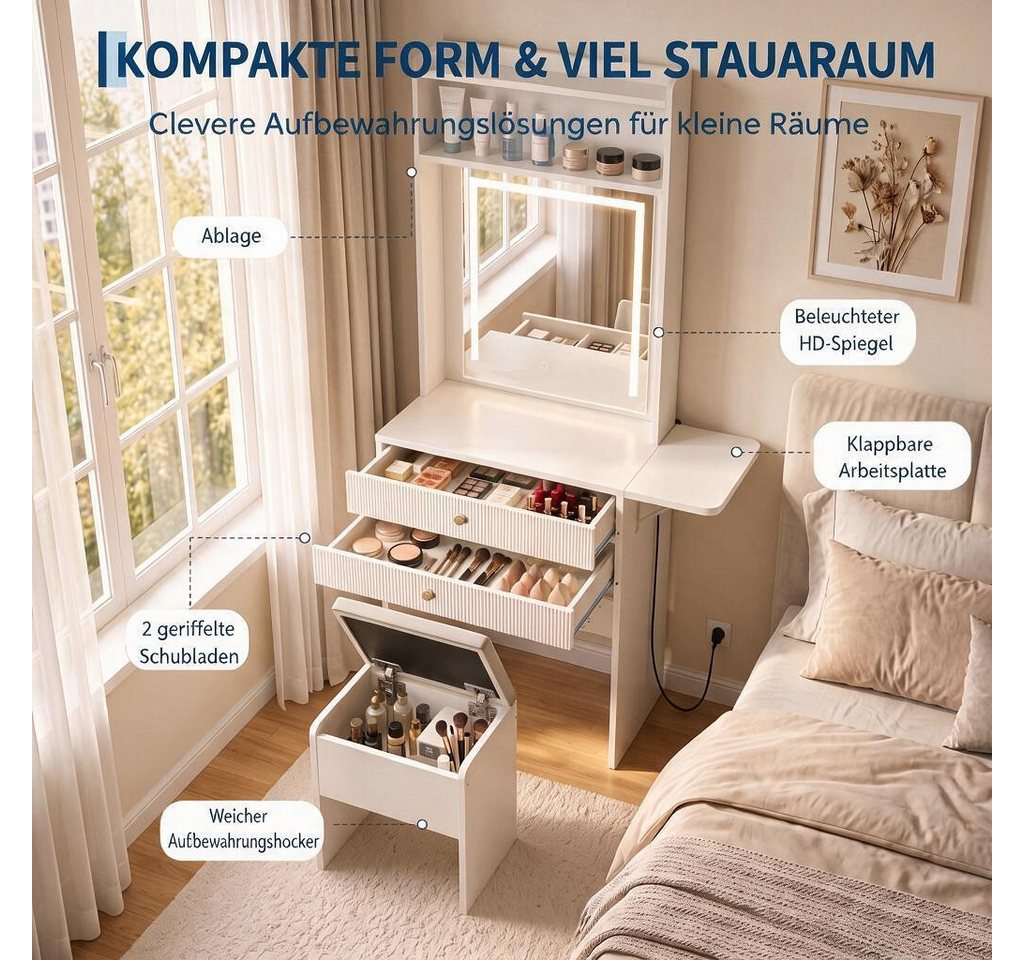GarveeMore Schminktisch mit Spiegel und Hocker, LED-Beleuchtung, einstellbare Helligkeit (2-St), (BxTxH) 50x45x153 cm, 1 offene Fächer und 2 Schubladen – Bild 5 von 5
