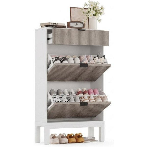 GarveeMore Schuhschrank Schuhschrank freistehend mit 2 Klappfächern, 1 Schublade (Platzsparender Schuhschrank für schmale Flure, Stabil mit Kippsicherung für Fa
