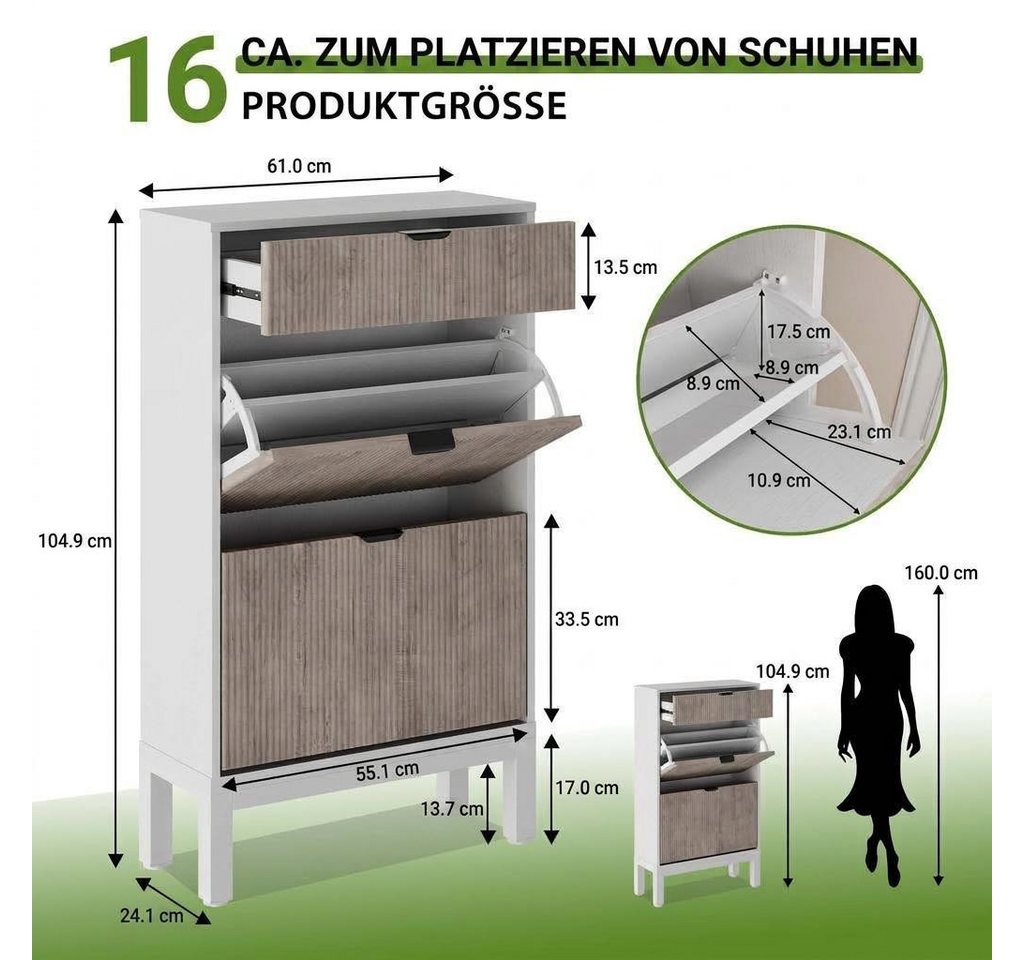 GarveeMore Schuhschrank Schuhschrank freistehend mit 2 Klappfächern, 1 Schublade (Platzsparender Schuhschrank für schmale Flure, Stabil mit Kippsicherung für Fa – Bild 3 von 5
