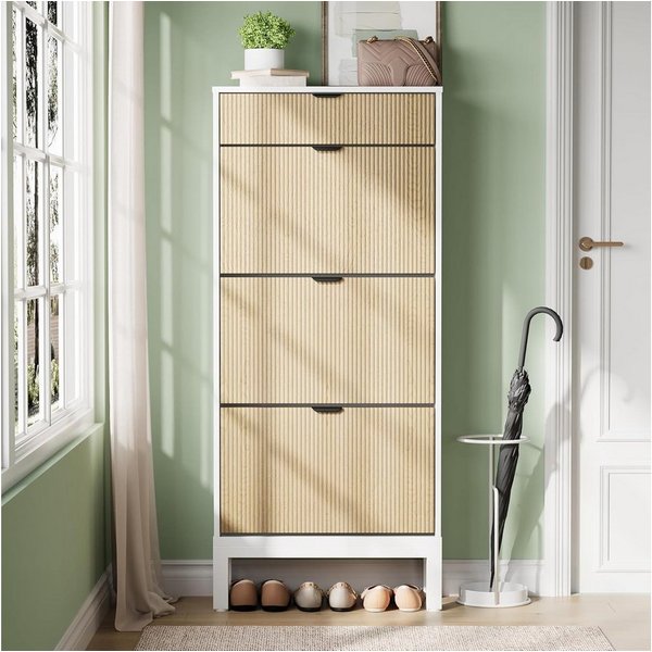 GarveeMore Schuhschrank mit 3 Klappschubladen und 1 Schublade,Schuhkipper,Schuhkommode (freistehendes, schmales Schuhregal, Landhaus-Schuhschrank mit 3 Klappfäc