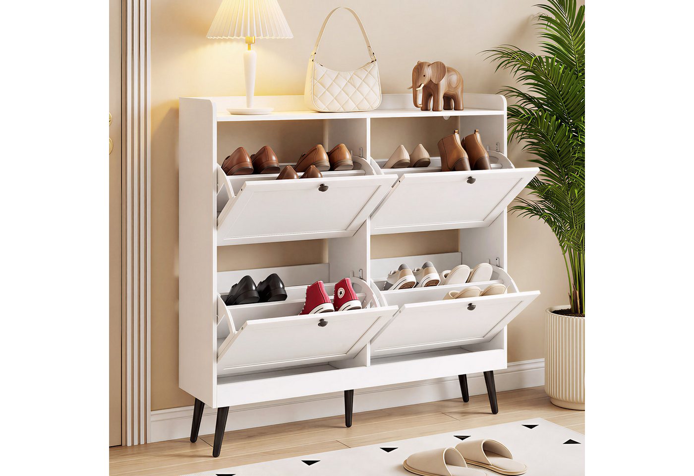 GarveeMore Schuhschrank mit 4 Klappen, Schuhkipper Flurschrank Schuhregal 100x26x100cm – Bild 2 von 5
