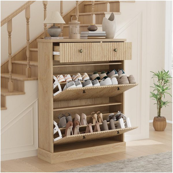 GarveeMore Schuhschrank Moderner Rillenprofil mit 2 Klappschubladen und oberer Schublade (1-St) (B80/T25/H107 cm) Schuhregal für 12–16 Paar Schuhe, für Flur und