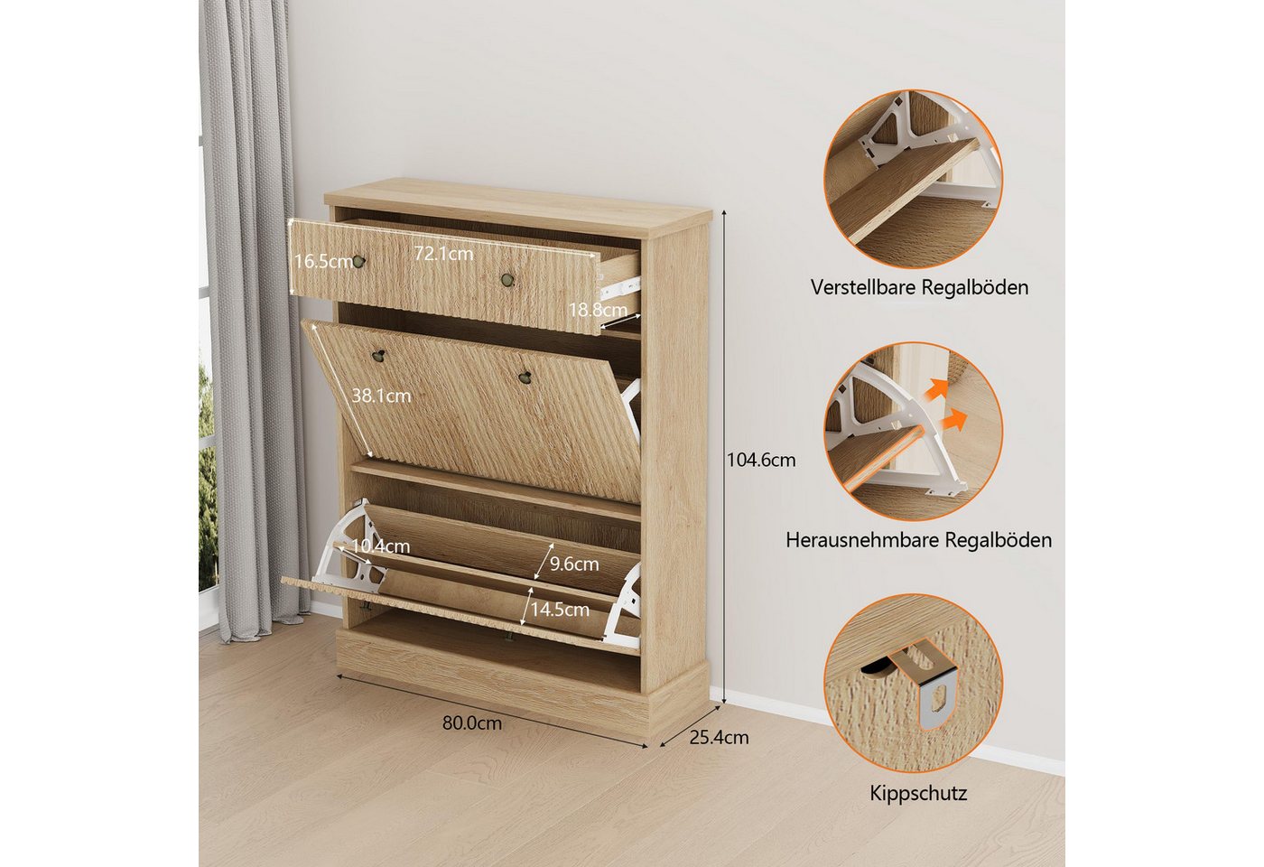 GarveeMore Schuhschrank Moderner Rillenprofil mit 2 Klappschubladen und oberer Schublade (1-St) (B80/T25/H107 cm) Schuhregal für 12–16 Paar Schuhe, für Flur und – Bild 2 von 5