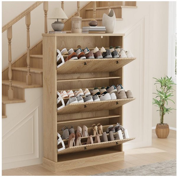 GarveeMore Schuhschrank Moderner Rillenprofil mit 3 Klappschubladen verstellbare Einlegeböden (1-St) (B80/T25/H129 cm) Schuhregal für 18–24 Paar Schuhe, für Flu