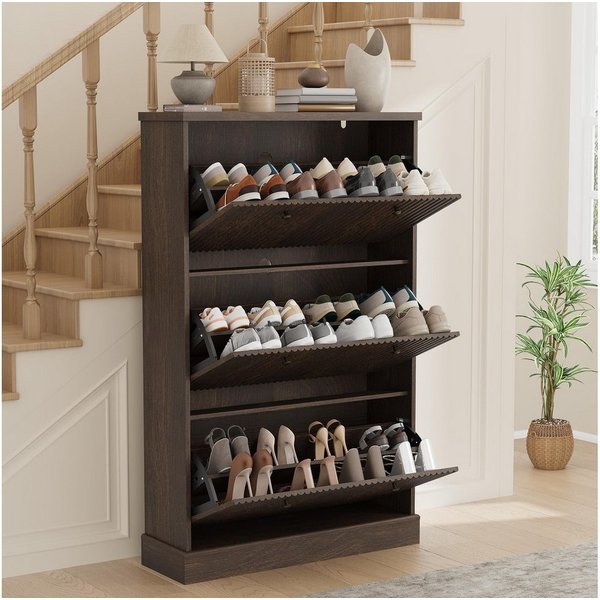 GarveeMore Schuhschrank Moderner Rillenprofil mit 3 Klappschubladen verstellbare Einlegeböden (1-St) (B80/T25/H129 cm) Schuhregal für 18–24 Paar Schuhe, für Flu