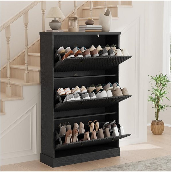 GarveeMore Schuhschrank Moderner Rillenprofil mit 3 Klappschubladen verstellbare Einlegeböden (1-St) (B80/T25/H129 cm) Schuhregal für 18–24 Paar Schuhe, für Flu