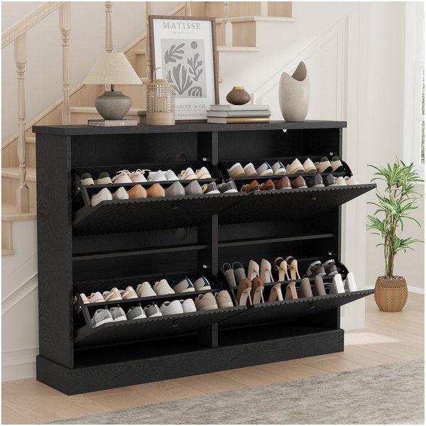 GarveeMore Schuhschrank Moderner Rillenprofil mit 4 Klappschubladen verstellbare Einlegeböden (1-St) 120x25x90cm Versteckter Schuhstauraum Schuhregal für 18–24 