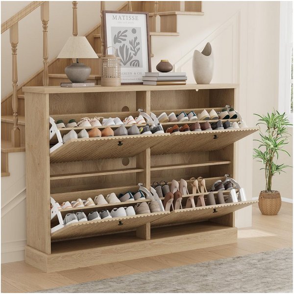 GarveeMore Schuhschrank Moderner Rillenprofil mit 4 Klappschubladen verstellbare Einlegeböden (1-St) 120x25x90cm Versteckter Schuhstauraum Schuhregal für 18–24 