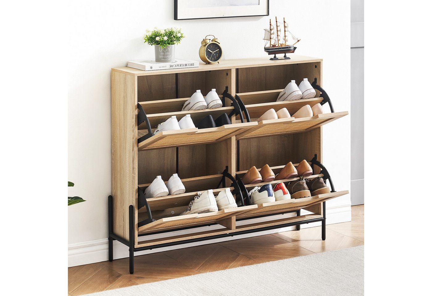 GarveeMore Schuhschrank Schuhkipper Schuhkommode mit 4 Klappen mit 8 Einstellbar Ablageflächen mit 4 Klappen Schuhschrank schmal Schuhregal mit 8 Ablageflächen – Bild 2 von 5