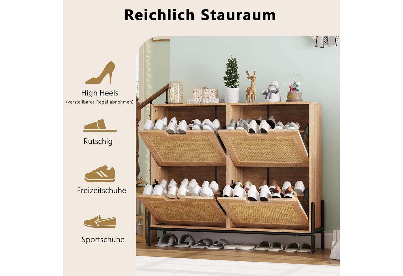 GarveeMore Schuhschrank Schuhkipper Schuhkommode mit 4 Klappen mit 8 Einstellbar Ablageflächen mit 4 Klappen Schuhschrank schmal Schuhregal mit 8 Ablageflächen – Bild 3 von 5