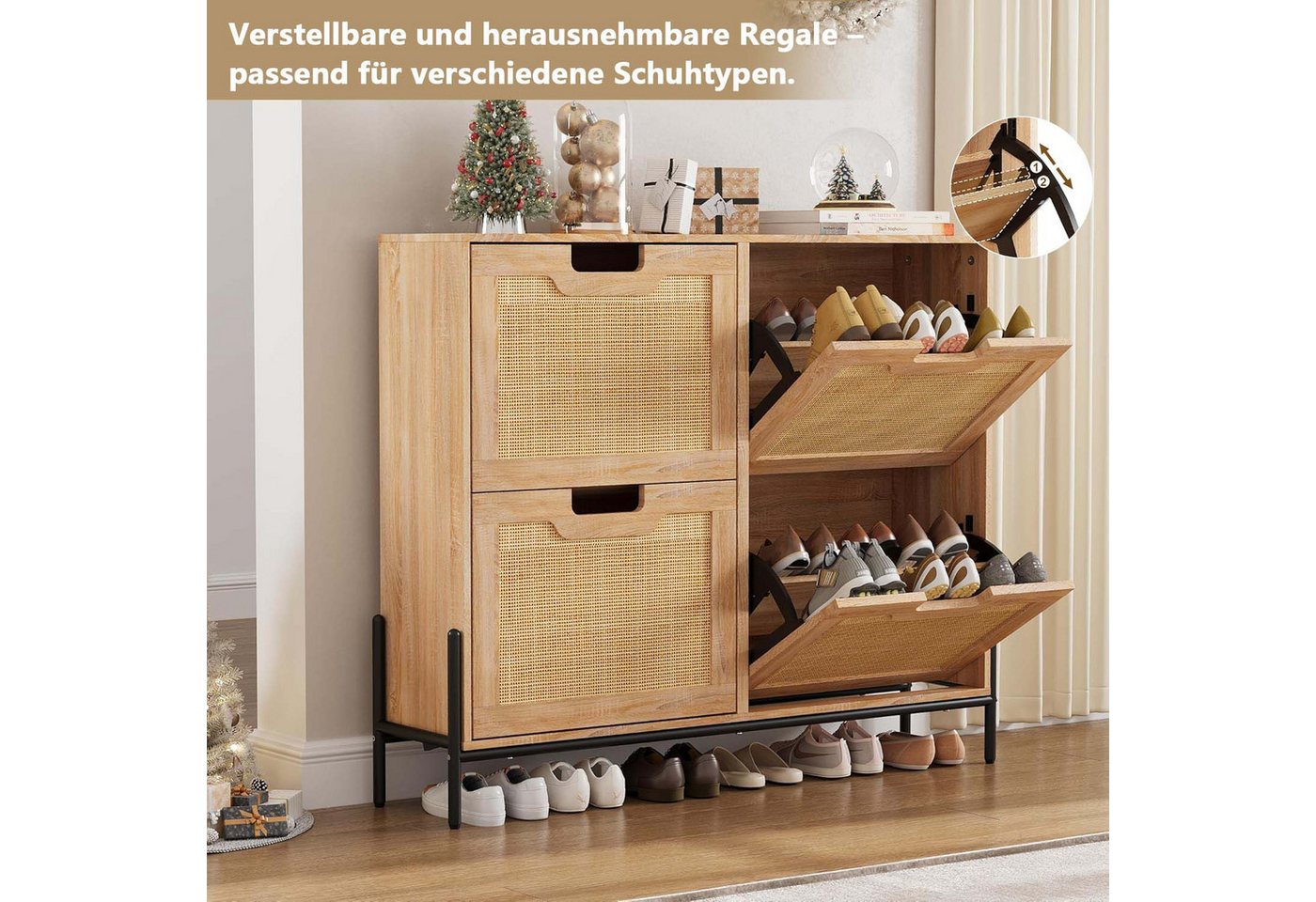 GarveeMore Schuhschrank Schuhkipper Schuhkommode mit 4 Klappen mit 8 Einstellbar Ablageflächen mit 4 Klappen Schuhschrank schmal Schuhregal mit 8 Ablageflächen – Bild 4 von 5