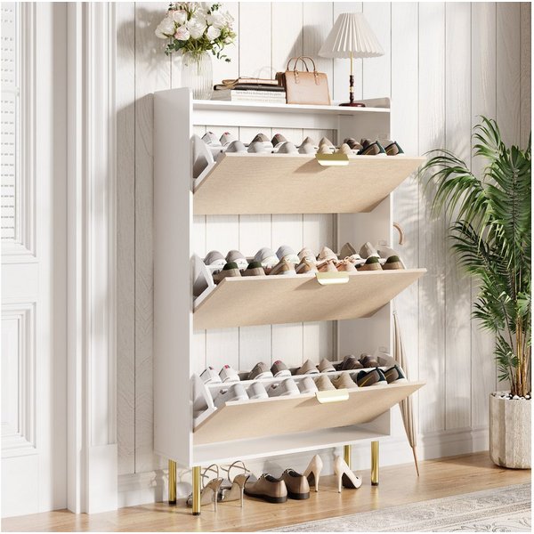 GarveeMore Schuhständer Schmaler Schuhschrank mit 3 Klappfächern, beige Textur, eige Textur & goldenen Metallbeinen, Kleiner Schuhschrank für Wohnung