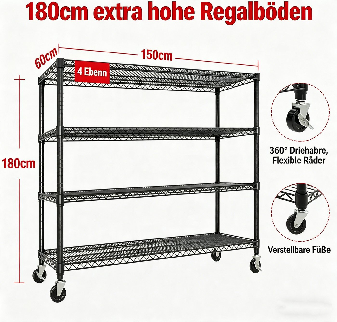 GarveeMore Schwerlastregal 1500 Kg Rollregal, Metallregal Mit Rädern Und Füßen,Verstellbares – Bild 2 von 5
