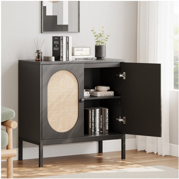 GarveeMore Sideboard Küchenschrank,mit 2 Türen aus Rattan, Kommode,mit Einlegeboden,Buffetschrank,83x80x40cm