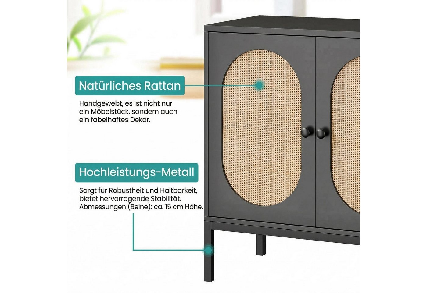 GarveeMore Sideboard Küchenschrank,mit 2 Türen aus Rattan, Kommode,mit Einlegeboden,Buffetschrank,83x80x40cm – Bild 3 von 5