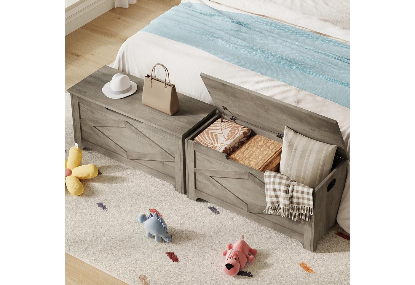 GarveeMore Sitztruhe 100cm,Aufbewahrungsbank aus Holz mit Sicherheitsscharnieren, große Spielzeugtruhe für Eingangsbereich,Wohnzimmer,Schlafzimmer – Bild 4 von 5