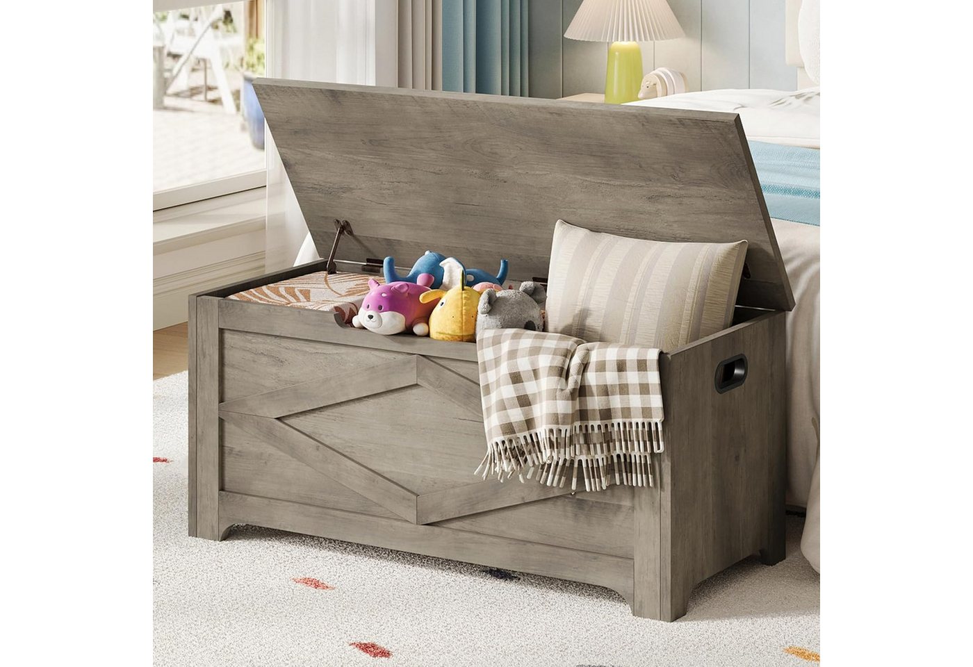 GarveeMore Sitztruhe 100cm,Aufbewahrungsbank aus Holz mit Sicherheitsscharnieren, große Spielzeugtruhe für Eingangsbereich,Wohnzimmer,Schlafzimmer – Bild 5 von 5