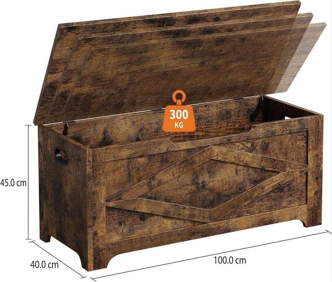 GarveeMore Sitztruhe 100cm,Aufbewahrungsbank aus Holz mit Sicherheitsscharnieren, große Spielzeugtruhe für Eingangsbereich,Wohnzimmer,Schlafzimmer – Bild 2 von 5