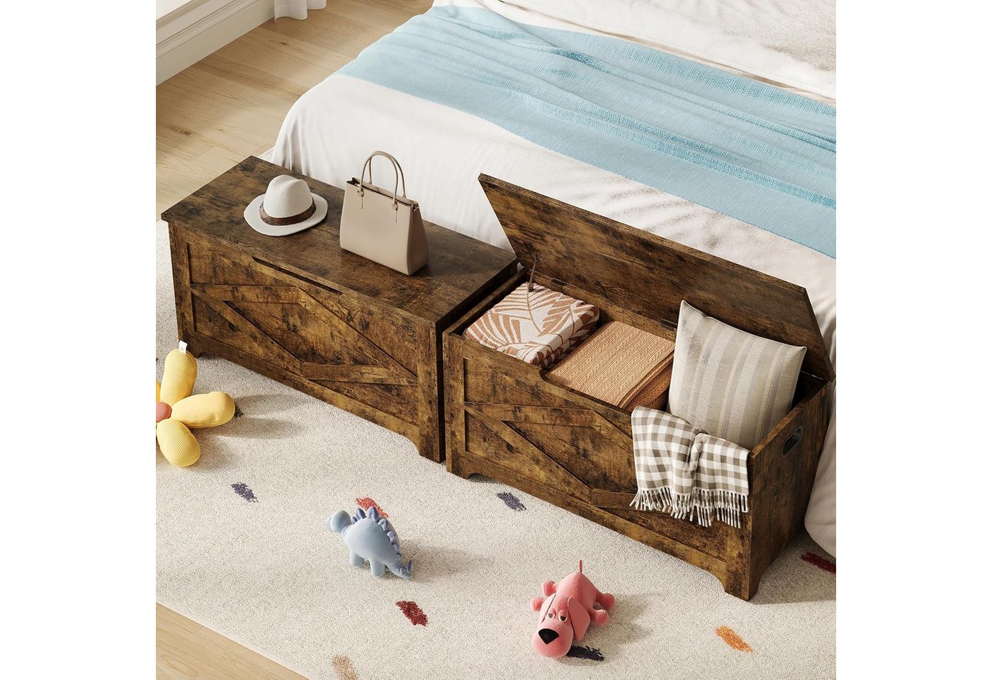GarveeMore Sitztruhe 100cm,Aufbewahrungsbank aus Holz mit Sicherheitsscharnieren, große Spielzeugtruhe für Eingangsbereich,Wohnzimmer,Schlafzimmer – Bild 4 von 5