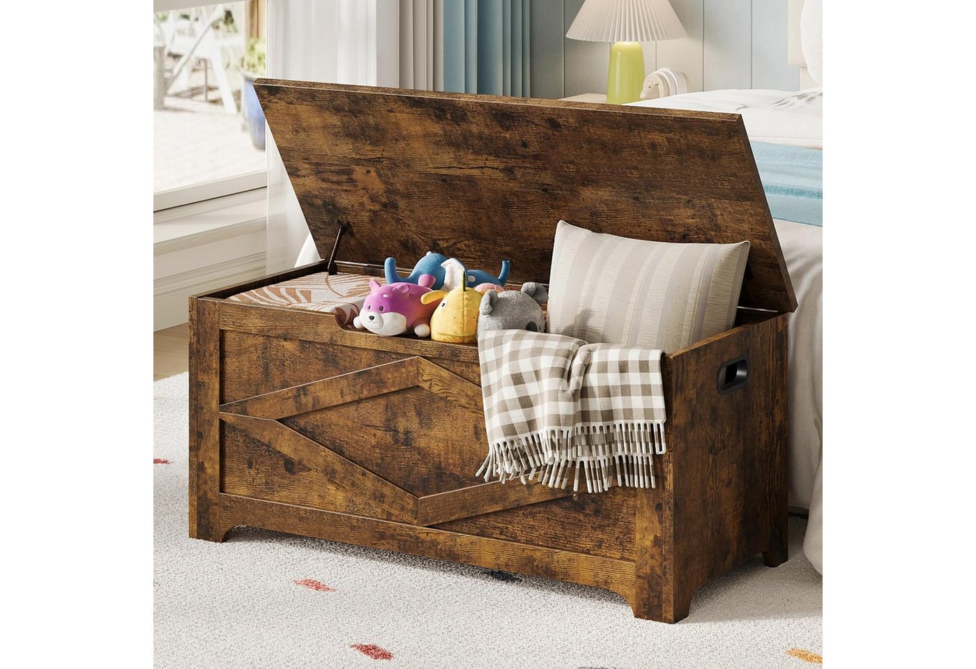 GarveeMore Sitztruhe 100cm,Aufbewahrungsbank aus Holz mit Sicherheitsscharnieren, große Spielzeugtruhe für Eingangsbereich,Wohnzimmer,Schlafzimmer – Bild 5 von 5
