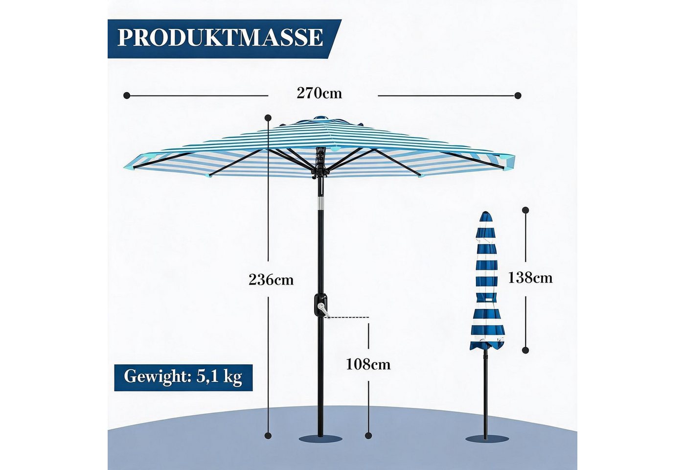GarveeMore Sonnenschirm Gartenschirm 2,7 m, Outdoor Terrassenschirm mit UPF 50+ UV-Schutz, wasserdichte und farbbeständige Bespannung,Sonnenschirm mit 8 Streben – Bild 2 von 5