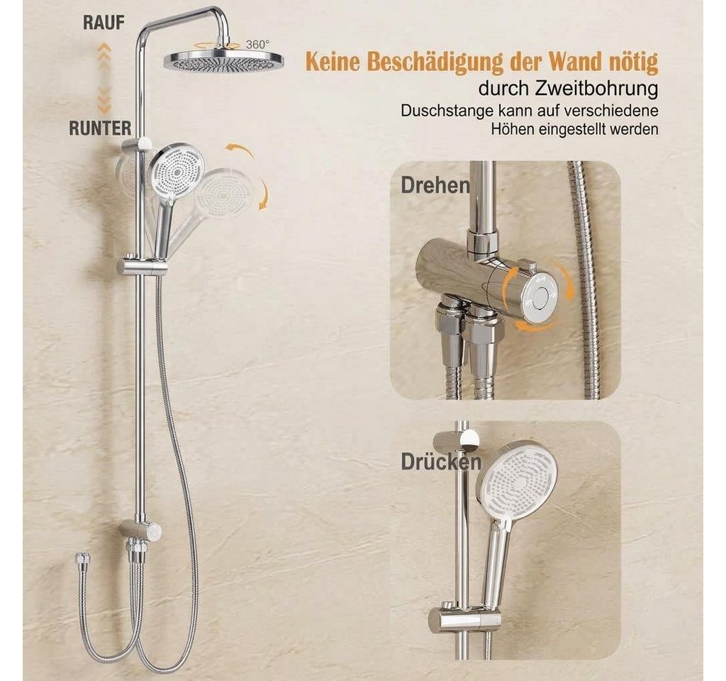 GarveeMore Stangenbrause-Set Modernes Regendusche Duschsystem ohne Armatur – Edelstahl Duschsäule, mit 25 cm Rundkopf, höhenverstellbar – Komplettes Badzubehör  – Bild 2 von 5