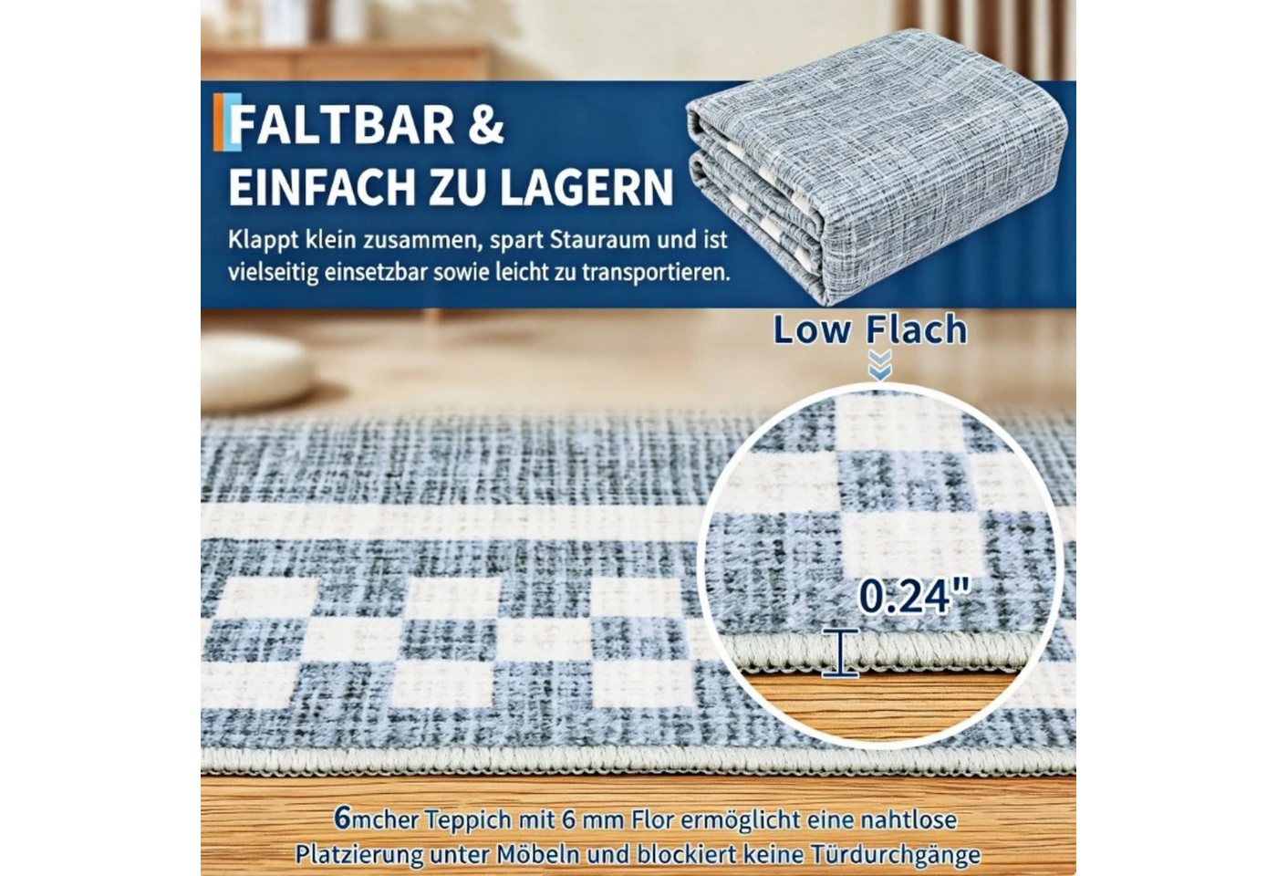 GarveeMore Teppich Moderner Teppich mit Karo-Rahmen, Flachgewebe & Robust, rechteckig, Höhe: 5 mm – Bild 3 von 5